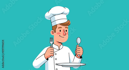 Smiling chef in uniform holding fork and spoon with plate, ready to serve delicious food