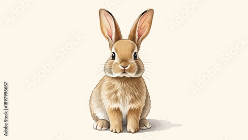 Watercolor illustration of a small, fluffy brown bunny rabbit sitting and facing forward