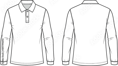 Men's long sleeve polo shirt vector technical drawing fashion flat sketch template front and back view white apparel design illustration.
