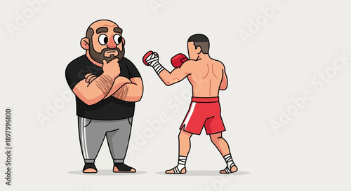 A boxing coach observing a determined fighter in his red shorts and boxing gloves during practice