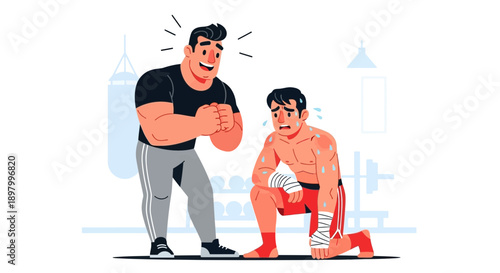 Energetic trainer motivating exhausted fighter in a boxing gym setting