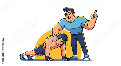 Determined man doing pushups with his supportive trainer encouraging him during a fitness session
