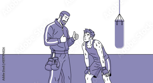 Boxing coach giving a thumbs up to a tired fighter in a gym