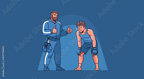 Experienced boxing coach gives a thumbs up to a tired but determined athlete after a strenuous workout