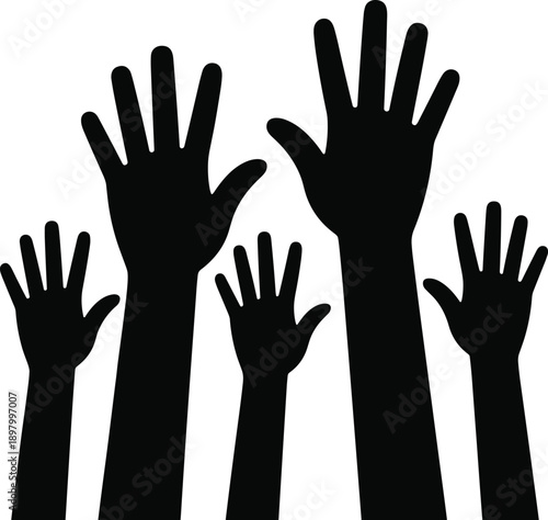 Five raised hands silhouette, diversity, volunteering, participation, community engagement, social activism, black figures, unity, gesture, flat vector illustration