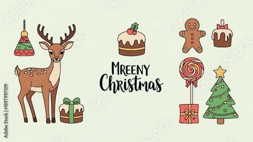 Whimsical Christmas elements with deer, gifts, cakes, gingerbread, lollipop, and tree