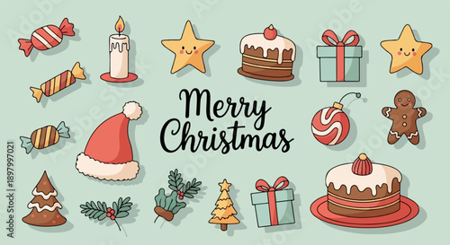 Whimsical Christmas icons gifts, gingerbread, ornaments, stars, cakes, trees, candies, hats