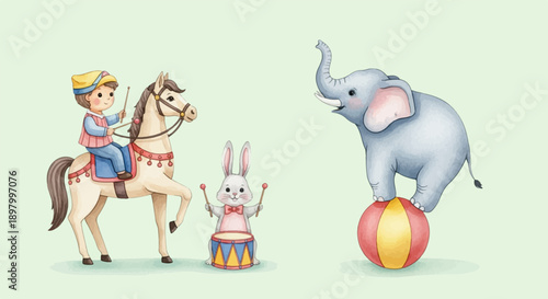 Whimsical circus animals and a child perform on a light green backdrop