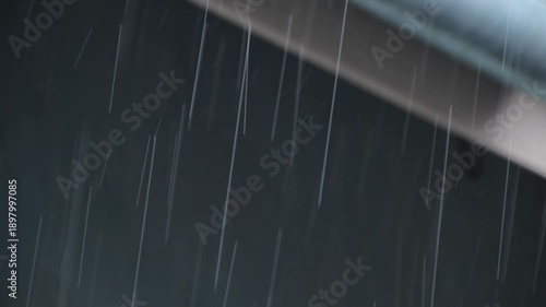 Heavy rain falling from house roof during tropical storm with dark background for weather concept