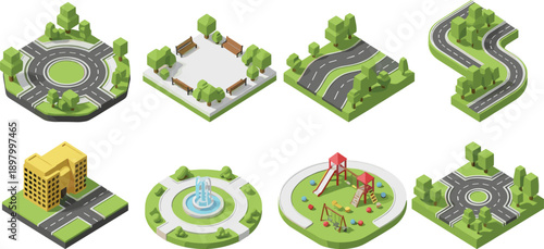Isometric city park and road elements set with roundabouts playground fountain buildings and curved streets for urban map design