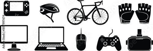 Collection of modern gaming and cycling accessories isolated on transparent background, Vector