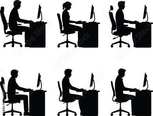 Office desk silhouette, computer users, ergonomic posture, seated workers, workplace setup, black vector, flat design, profile view, flat vector illustration