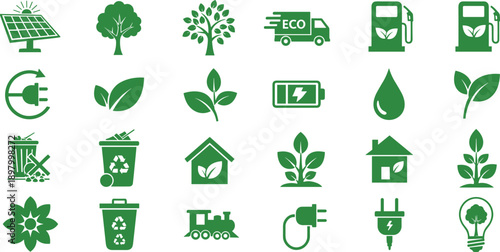Green eco icons set, renewable energy sustainability symbols, recycling, electric power, solar, battery, leaf, nature, environment, flat design, vector, collection