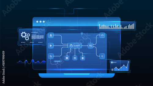 AI workflow automation artificial intelligence. ai agent network diagram dashboard machine learning with input, processing, analytics charts and automation system.