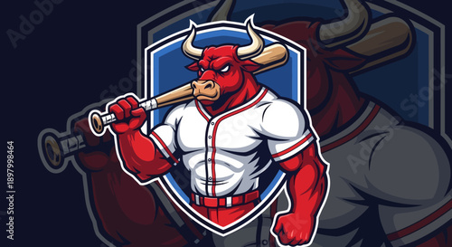 Illustration of a red bull mascot holding a baseball bat in a white jersey with a blue shield
