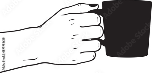 A person holding a black mug with a white background and visible fingers Vector