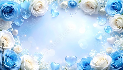 サムシングブルーの輝きを放つクリスタルローズフレーム　結婚祝いや招待状に最適な上品な背景