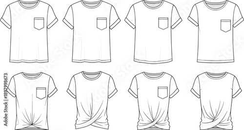 Set of women's t-shirt technical fashion flat sketches with rolled sleeves, pocket, and front twist knot detail vector illustration.