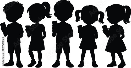 Children silhouette with smartphones, digital engagement, screen time, technology influence, modern youth, black figures, cartoon style, flat vector illustration