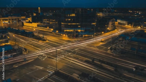 Night City Intersection Stock Video Drone View of Light Trails and Traffic