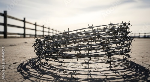 Coiled barbed wire on cracked earth with fencing in the background under overcast sky