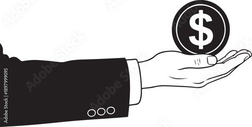 A person's hand holding a gold coin with a dollar sign in the center Vector