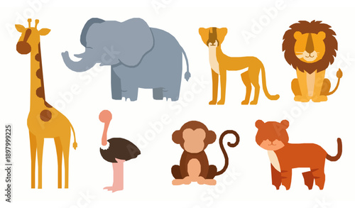 Cute African Savannah Animals Flat Vector Set for Kids Zoo and Jungle Illustrations