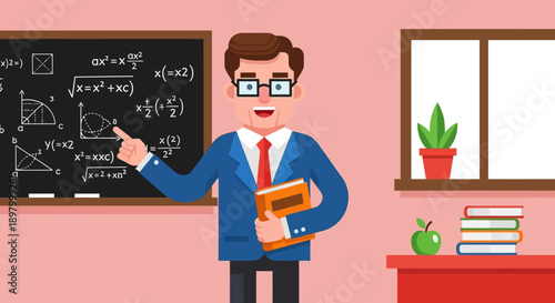 Cartoon teacher pointing at math equations on a blackboard in a classroom