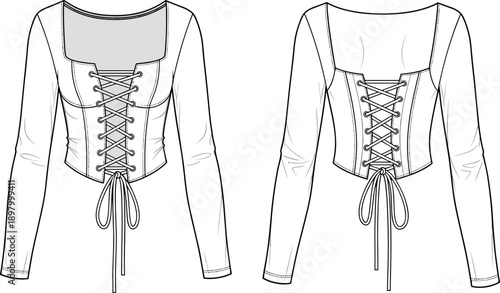 Vector technical sketch of long sleeve corset top with square neck and lace up front and back view fashion illustration.