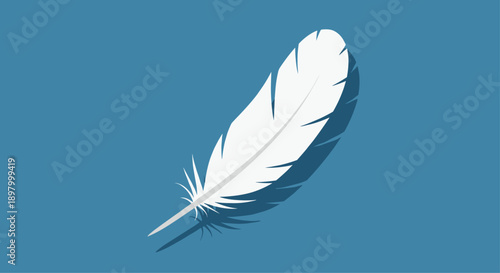 Soft White Feather with a Gentle Shadow Cast on a Solid Blue Background Symbolizing Lightness Peace Spiritual Freedom and Minimalist Aesthetic Design.