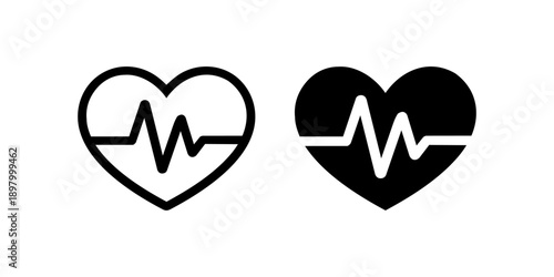 Heart Pulse Health Icon Set – Black and White Flat Symbol
