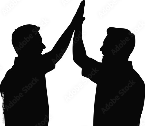 Two men silhouettes giving high five celebrating success, teamwork achievement motivation concept, partnership victory flat vector illustration design