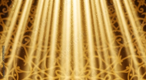 Golden light rays illuminating ornate pattern background