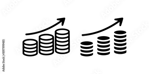 Financial Growth Coins Chart Icon Set – Black and White Flat Symbol