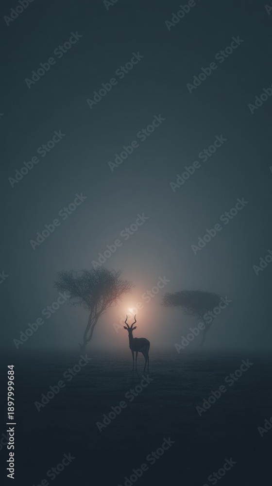 Fototapeta premium A serene sunset casts a warm glow through dense fog, revealing a solitary deer standing gracefully. Silhouettes of trees frame this peaceful scene, creating a moment of quiet beauty