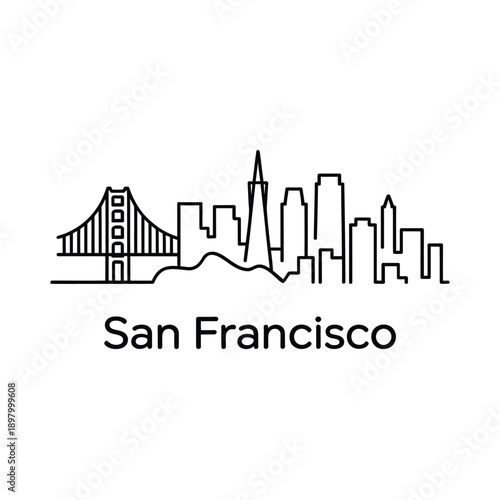 Minimalist line art depicts the iconic san francisco skyline and bridge