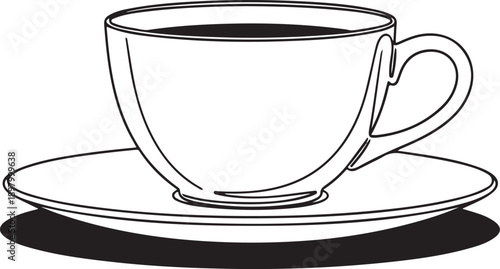 A simple line drawing of a white cup and saucer on a flat surface Vector