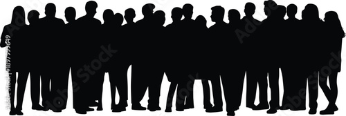 Large group silhouette, diverse people standing together, unity, community, social gathering, public crowd, black figures, flat vector illustration