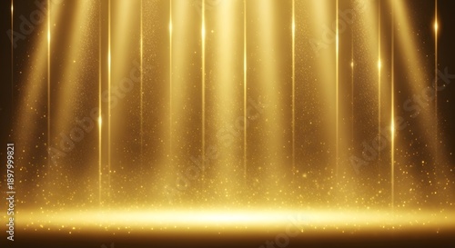 Golden light beam background with rays and sparkles, for mockup or overlay effect