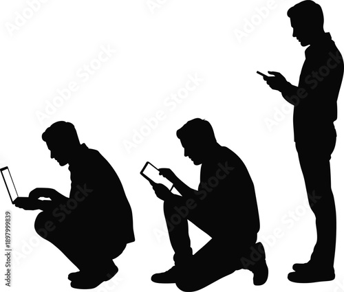 Digital device posture silhouettes, squatting laptop user, kneeling smartphone pose, standing mobile interaction, tech evolution concept, flat vector illustration