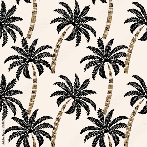Tropical palm tree seamless pattern with textured trunks and black leaves on beige background. Exotic summer style for fabric, wallpaper, and resort designs.