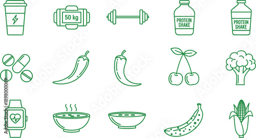 Green fitness nutrition icons set, protein shake, dumbbell, healthy food, supplements, smartwatch, vegetables, energy drink, outline vector design