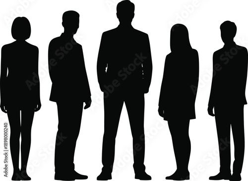 Five business silhouettes standing side by side, confident central figure, teamwork, leadership, diversity, corporate unity, flat vector illustration