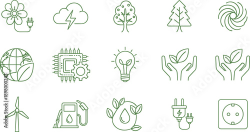 Green renewable energy icons set, eco technology, sustainability symbols, clean power, environment protection, alternative energy, climate change concept design