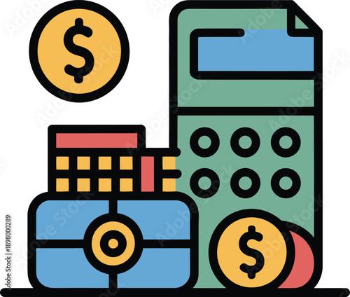 Financial management and accounting flat icon, calculator with money bag and gold coins, business investment and budget planning colorful vector illustration.