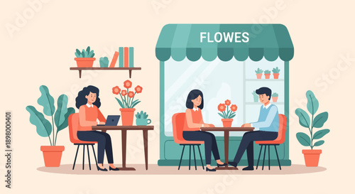 People interact at tables near a plant store with flowers