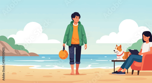 People and dog enjoy a relaxing day at the beach