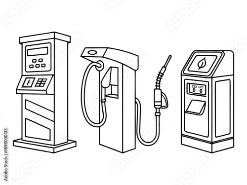 Illustration of three different fuel dispensers including a traditional gas pump, an electric charging station, and a payment kiosk for refueling vehicles