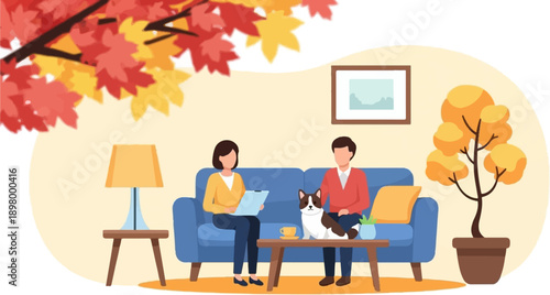 People and pet relax indoors with autumnal foliage overhead