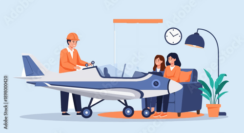 People interact around a miniature airplane inside a room